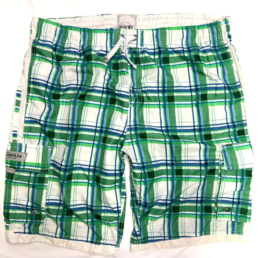 vintage y2k BSPLIT plaid green blue and white long baggy cargo shorts